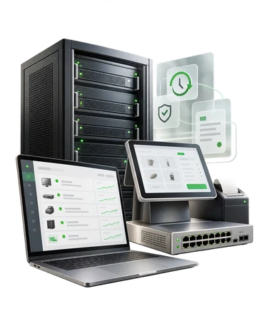 Почему к нам за IT-обслуживанием — предметная композиция для Техника работает. Команда занимается делом
